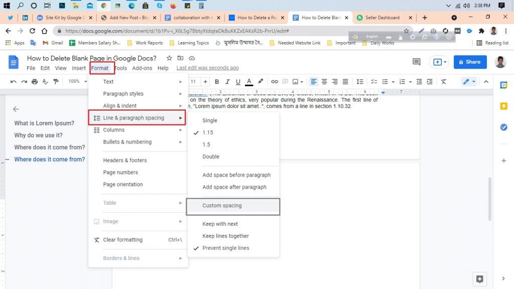 how to delete extra blank page in google docs
